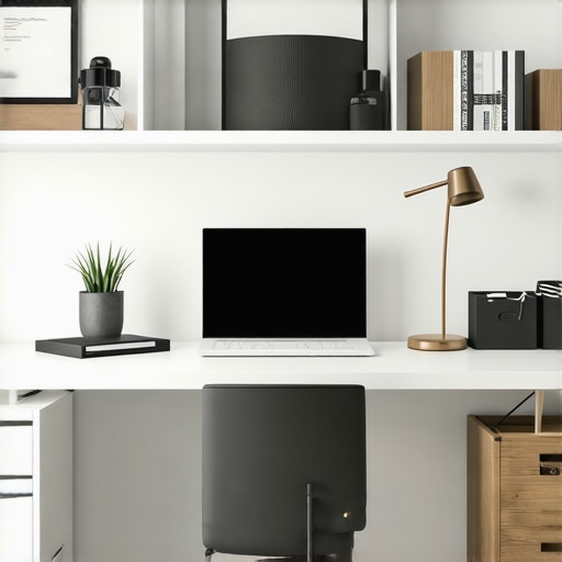 A sleek home office with ergonomic furniture, smart storage, and organized workspace