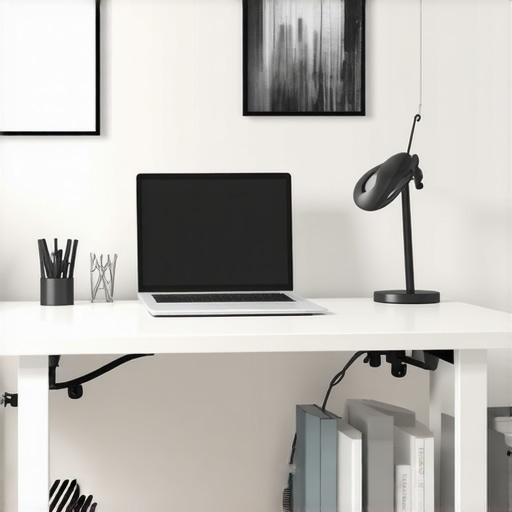 Ergonomic standing desk with adjustable features and organized storage in a minimalist home office.