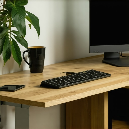 Modern adjustable standing desk with organized storage in a bright home office