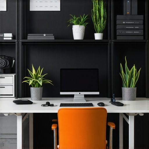 A modern standing desk in a bright home office with shelves and cable management