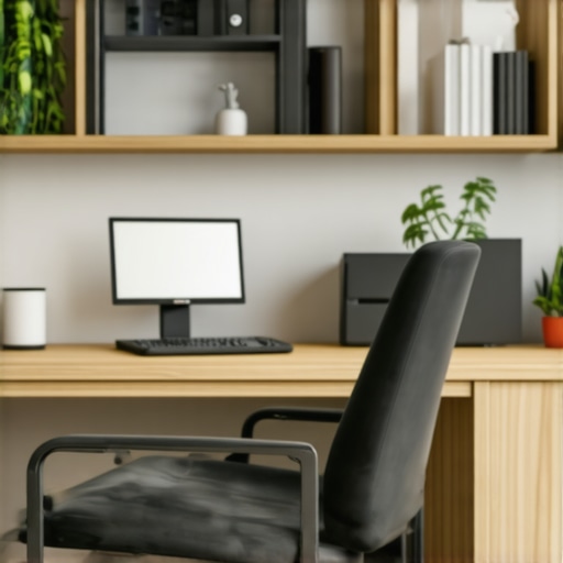Modern ergonomic home office with adjustable desk and organized storage