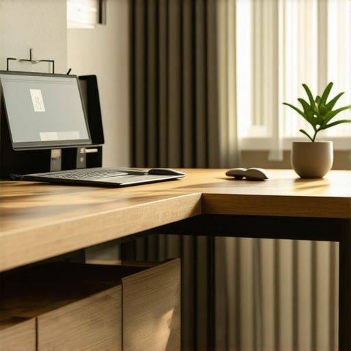 Modern ergonomic home office with adjustable furniture and smart storage solutions.