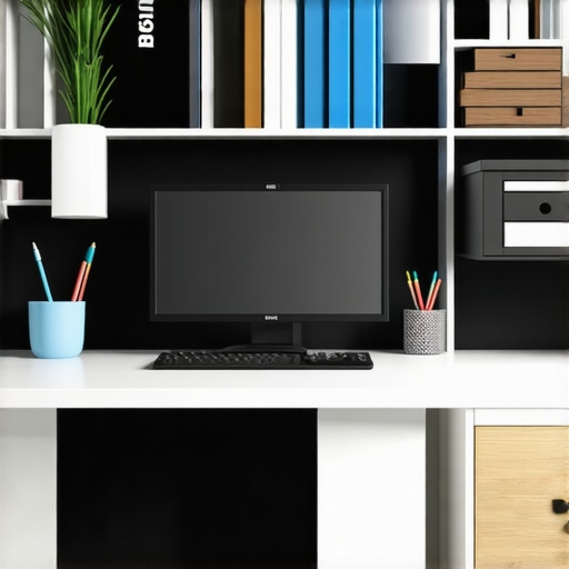 Modern ergonomic home office featuring biofeedback devices and flexible storage solutions.