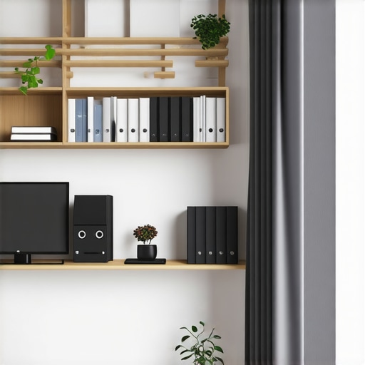 Home office with modular storage and wall shelves, tidy and efficient setup