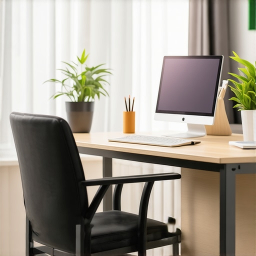 A well-organized ergonomic home office with adjustable furniture and natural lighting
