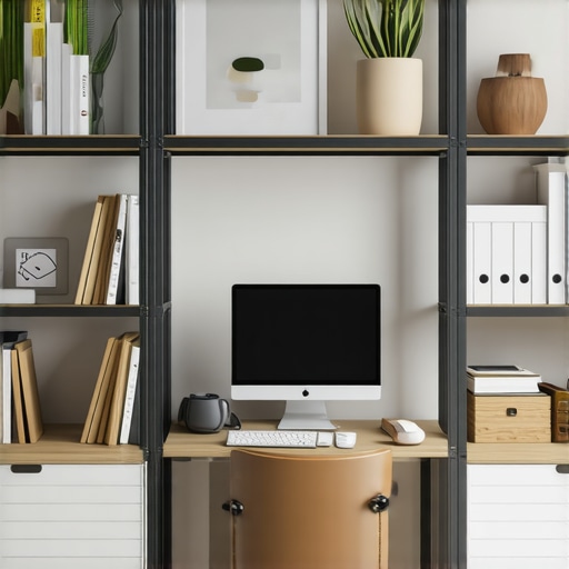 A well-organized home office featuring modular shelves, labeled storage bins, and personalized decor.