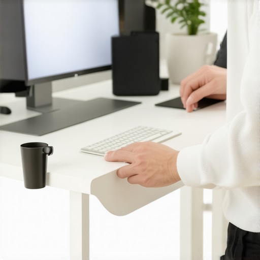 A person fine-tuning ergonomic accessories in a home office environment