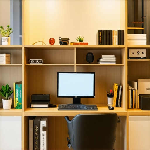 A sleek home office with custom shelves and smart storage devices