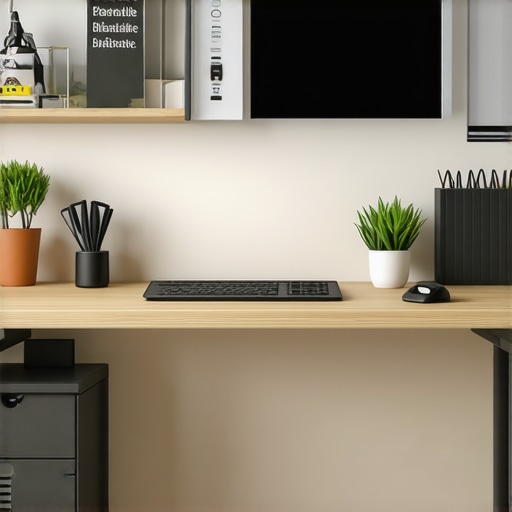 Modern home office with organized standing desk and storage