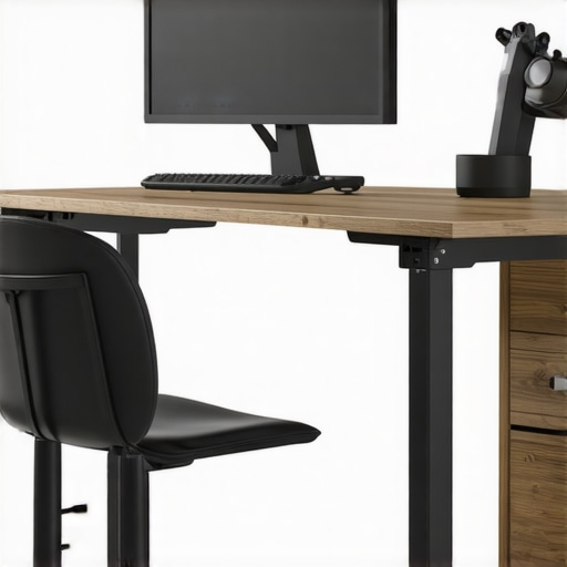 A sleek, organized home office with ergonomic furniture and proper lighting.