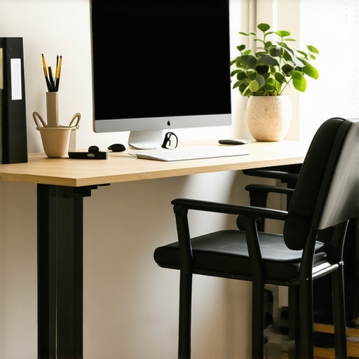 A modern ergonomic home office featuring an adjustable sit-stand desk, ergonomic chair, and organized workspace