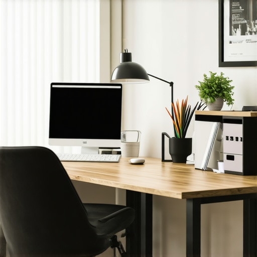 Modern ergonomic home office with adjustable standing desk and chair, organized workspace