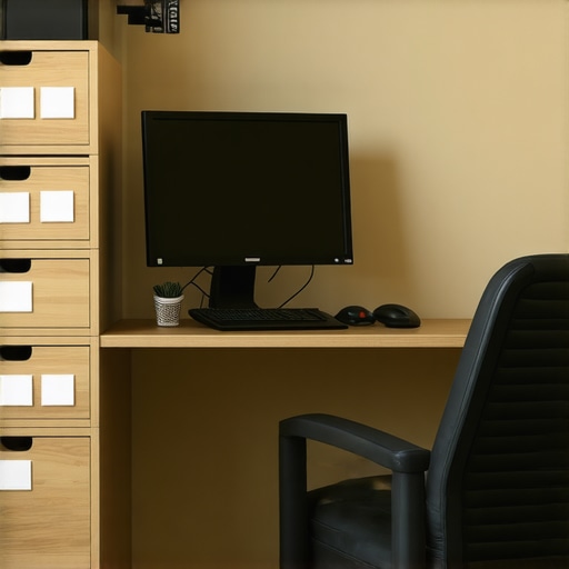 A tidy home office with ergonomic setup and organized storage solutions.