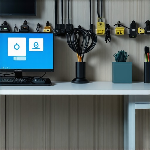 A tidy home office with organized cables, cleaning tools, and a computer displaying software update notifications
