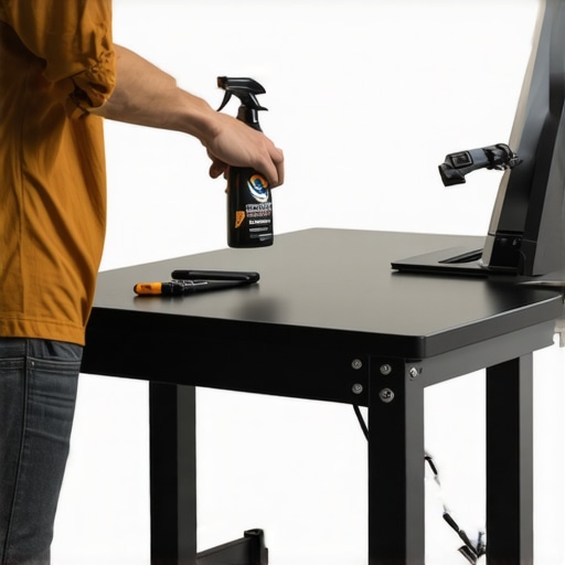 Person applying lubricant to office desk mechanism to ensure smooth operation