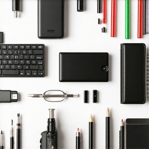 Home office desk with ergonomic furniture, cleaning tools, and tech accessories for maintenance