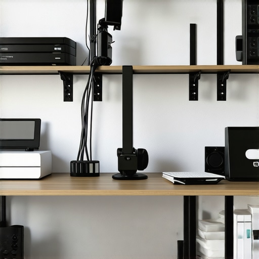 A tidy home office featuring organized cables, ergonomic chair, and standing desk