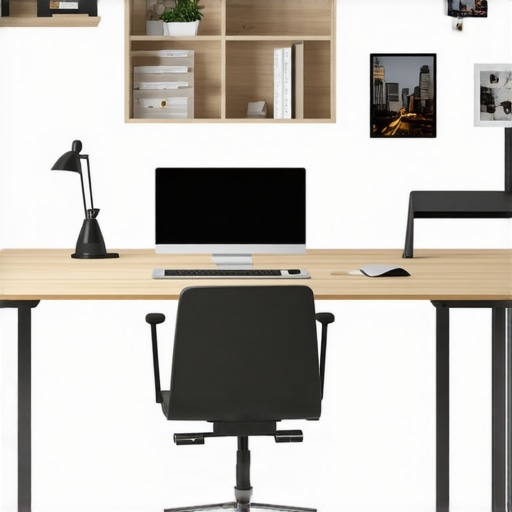 A well-organized ergonomic workspace with a standing desk and storage