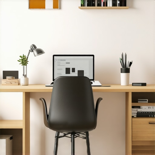 A well-organized home office featuring a standing desk, ergonomic chair, storage shelves, and natural lighting.