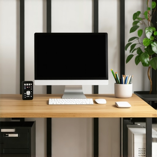 A well-organized home office featuring a standing desk, monitor riser, ergonomic chair, storage solutions, and proper lighting.