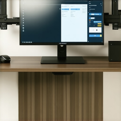 A tidy home office workspace featuring organized cables, an adjustable monitor arm, and ergonomic accessories.