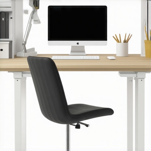A clean and organized home workspace featuring an ergonomic chair, adjustable standing desk, and storage for productivity.