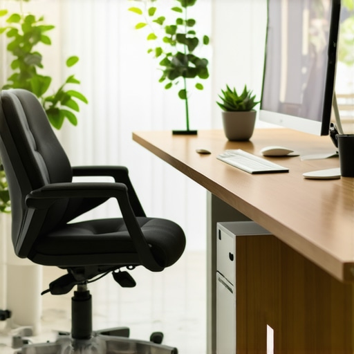 A comfortable ergonomic office chair next to a height-adjustable standing desk in a bright, organized home office