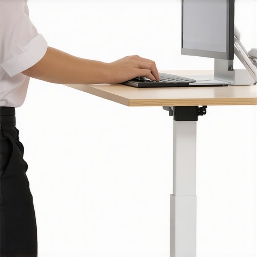 Person tightening bolts on a standing desk with tools in a contemporary home office.