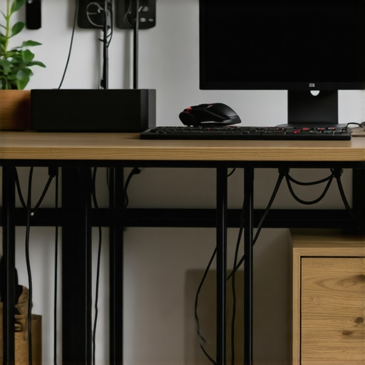 A clean, ergonomic home office with adjustable standing desk, cable management, and productivity tools.
