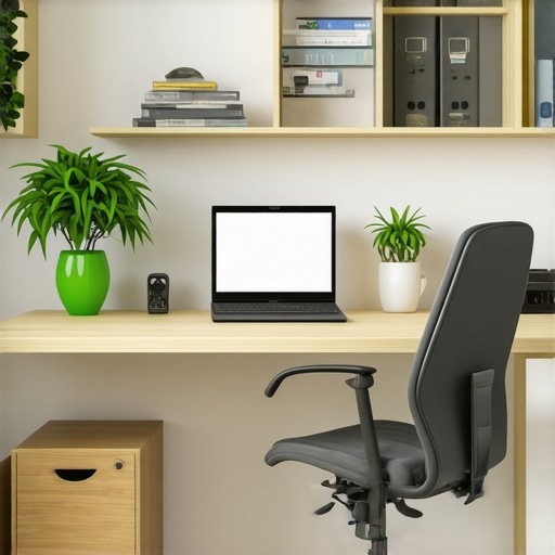 A modern, ergonomic office setup with adjustable standing desk and organized storage solutions