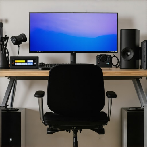 Modern home office with ergonomic chairs, standing desk, and organized workspace tools