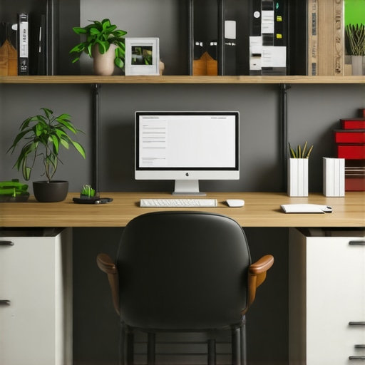 A well-organized ergonomic home office featuring a standing desk with accessories, supportive chair, and clean storage solutions