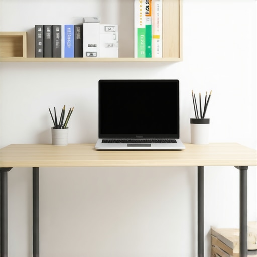 A well-organized small home office featuring a standing desk with storage, wall shelves, and minimal clutter.