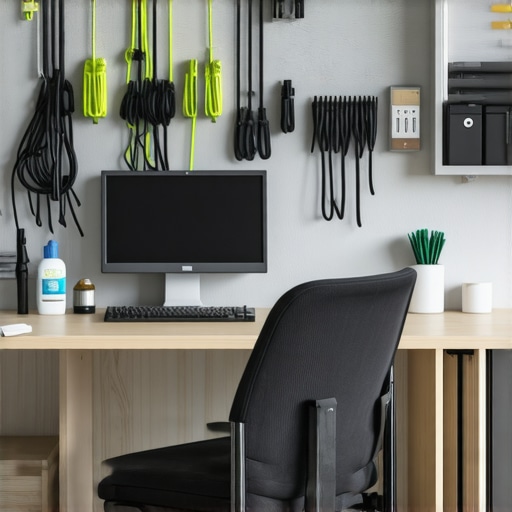 Clean and organized home office workspace with maintenance tools and ergonomic furniture