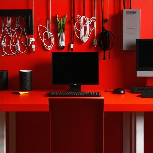 A sleek organized home office featuring hidden cable management and storage solutions
