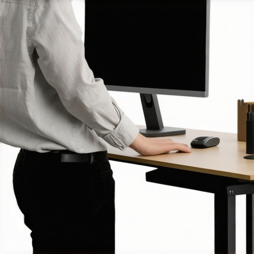 Person measuring and adjusting their standing desk to match elbow height for ergonomic comfort