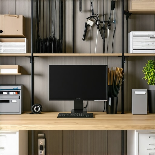 A tidy home office with well-organized desk, cable management, and vertical storage shelves