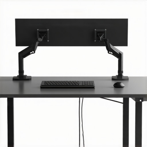 A well-organized ergonomic home office desk highlighting adjustable monitor arms and cable management.