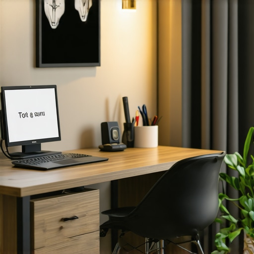 A well-organized and ergonomic home office with adjustable furniture and smart storage solutions