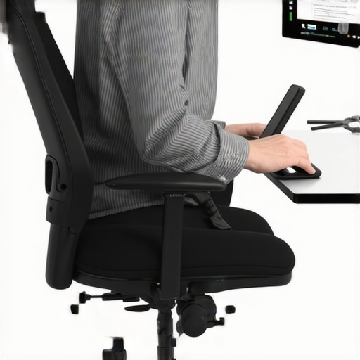 Person adjusting ergonomic office chair armrests to relieve shoulder discomfort.