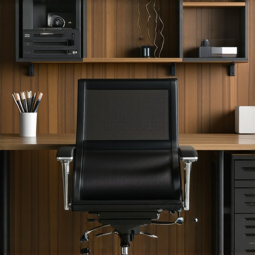 A modern home office illustrating ergonomic furniture, organized cables, and hidden storage solutions for productivity