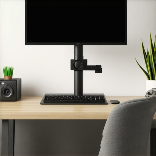A clean, ergonomically arranged home office featuring adjustable monitor, office chair, and desk storage solutions.