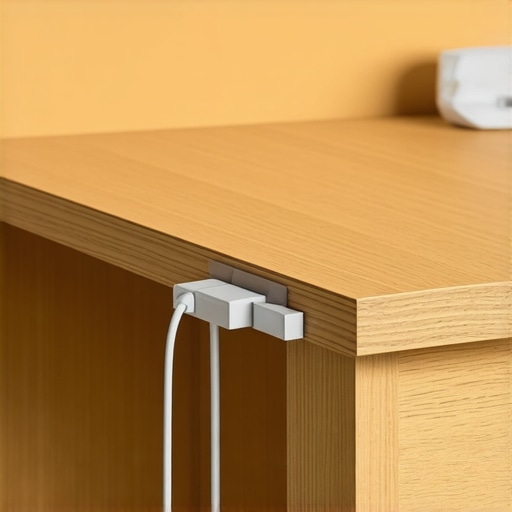 Magnetic cable clips attached to a desk edge holding organized cables.