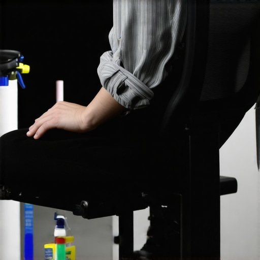 Person tightening the screws on an ergonomic office chair in a well-organized home office.