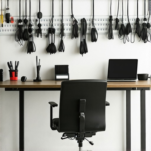 A clean and organized home office with ergonomic and cable management tools