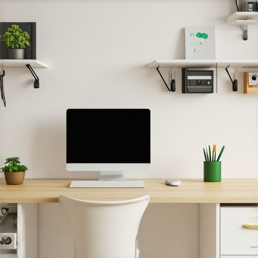 A tidy home office desk with shelves and cable management solutions, demonstrating efficient organization techniques.