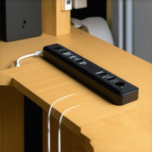 A tidy workspace showcasing concealed cables and a hidden power strip beneath a modern desk