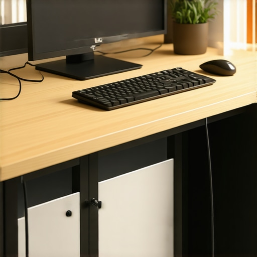 A clean and organized home office desk with cables managed using adhesive rails, under-desk storage, and cable spines.